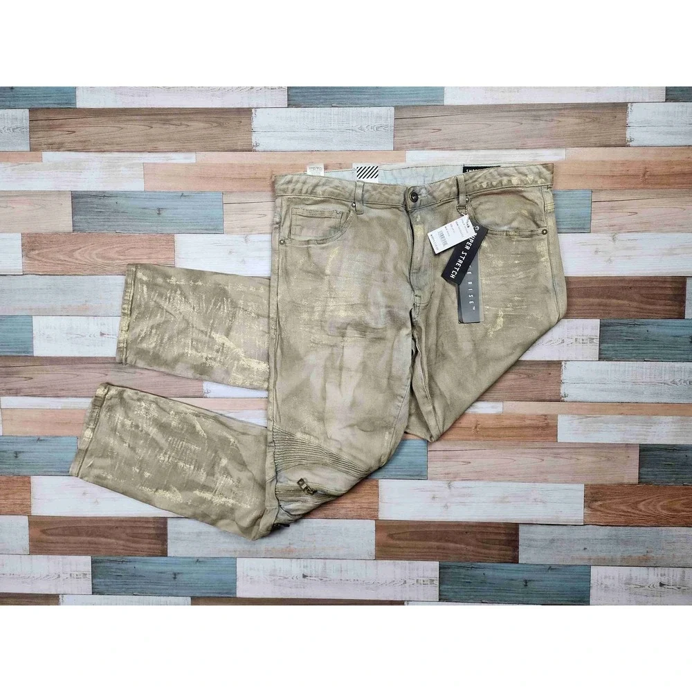 NWT Smoke Rise Gold Metallic 5 Pocket Distressed Slim Fit Jeans Size 38x32